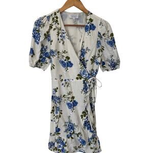 & Other Stories White Blue Floral Linen Puff Sleeve Wrap Mini Dress Size 4